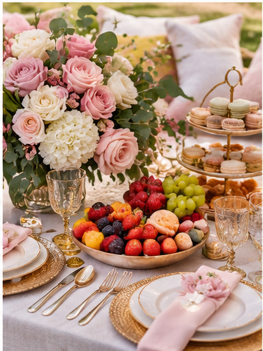 Luxury picnic flowers fruit and pastries