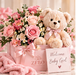 Baby Girl gift box with pink roses and a teddy bear
