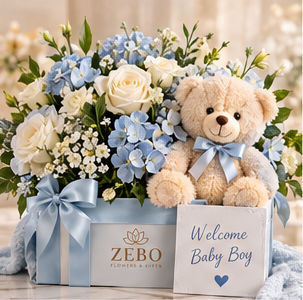 Baby Boy gift box with blue and white flowers and a teddy bear
