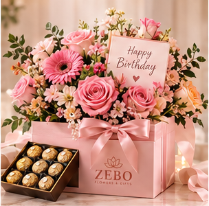 Birthday gift box with pink flowers, chocolates, and a Happy Birthday card