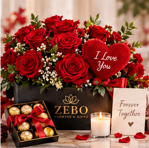 Anniversary gift box with red roses, chocolates, a candle, and a heart
